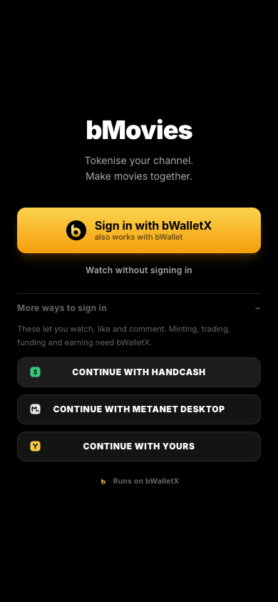 bMovies sign-in screen on a phone, with the gold Sign in with bWalletX button