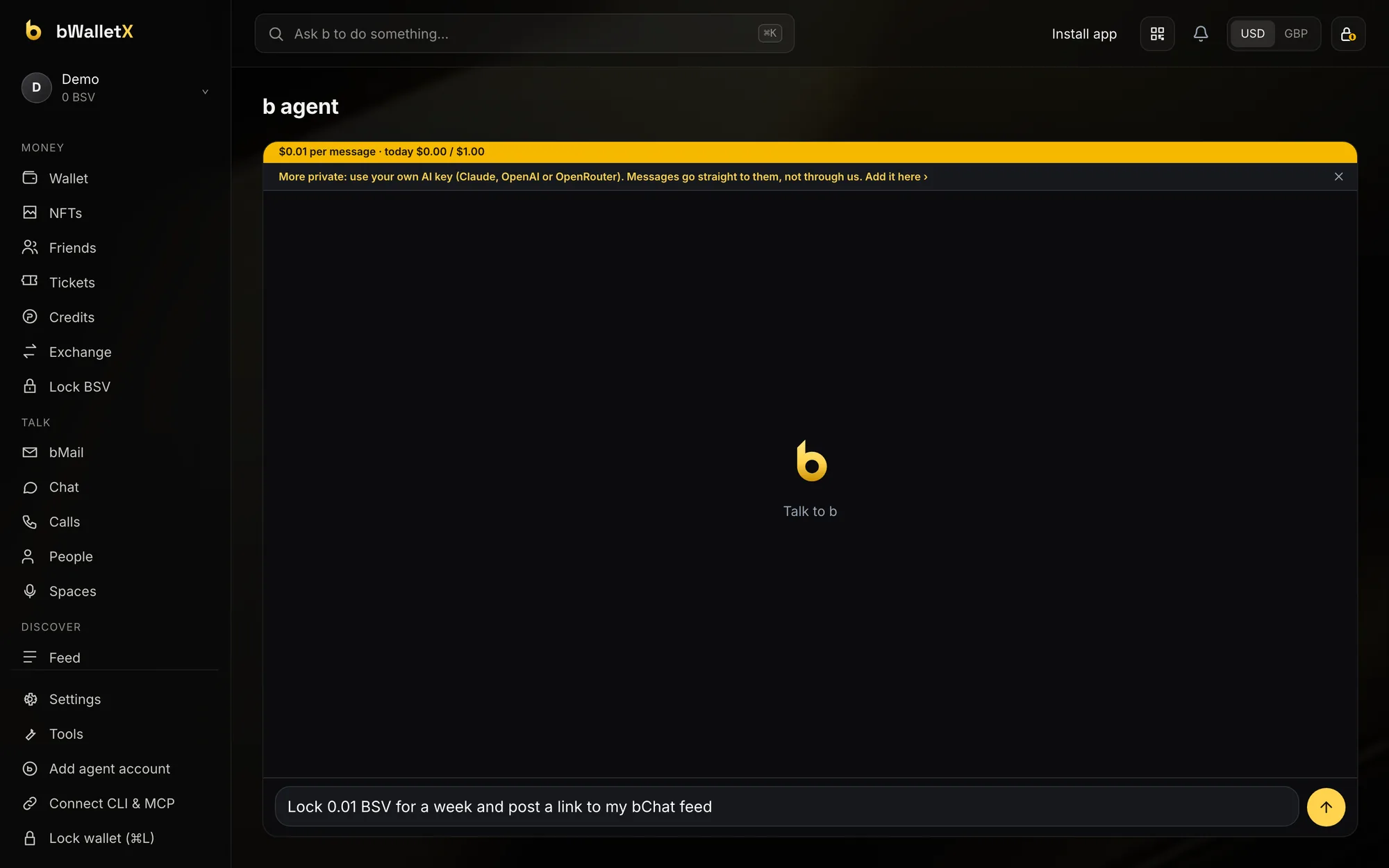 Agent b in bWalletX Desktop with a request typed into the message box