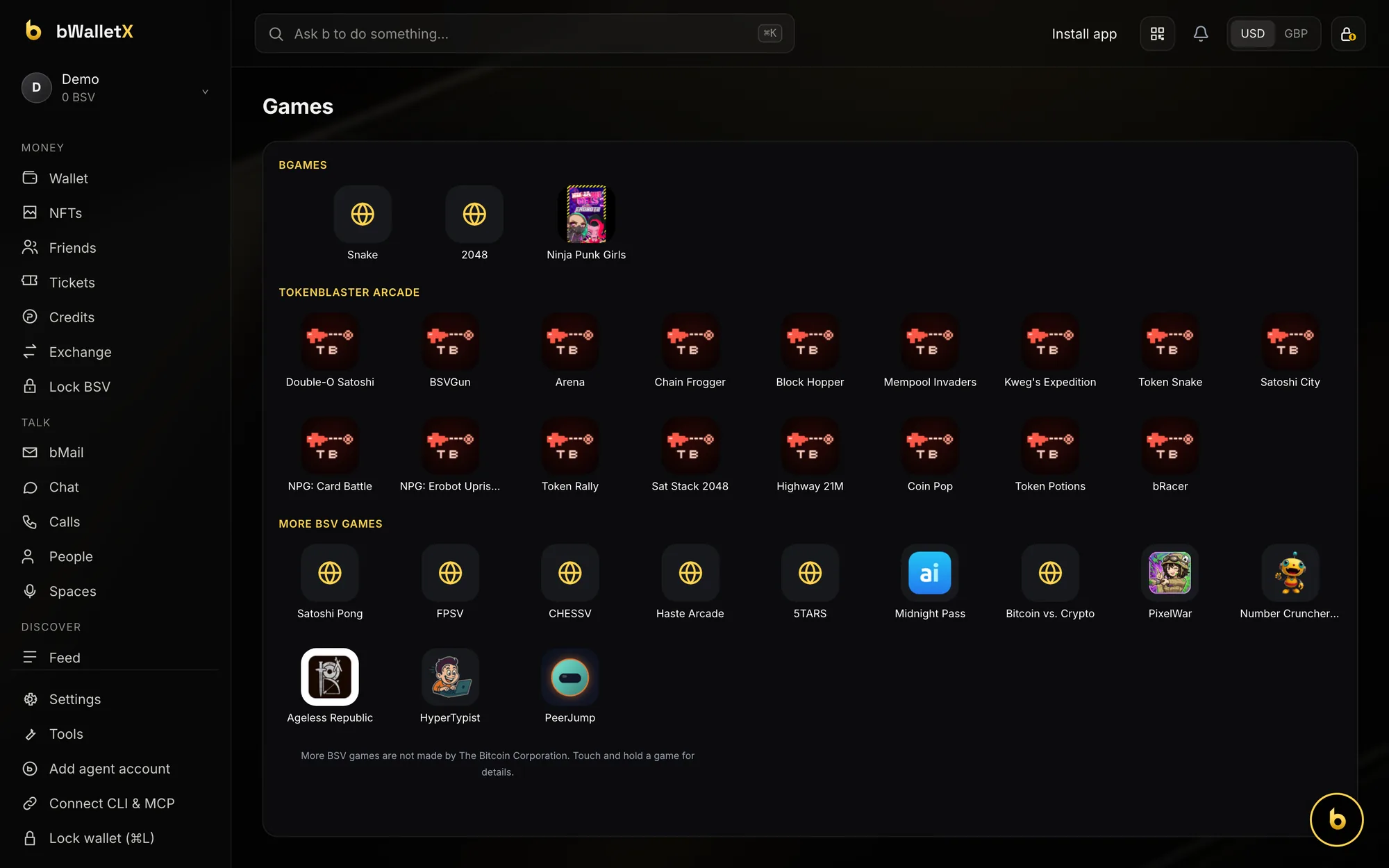 Games and bApps in bWalletX Desktop: a grid of games that open inside the wallet