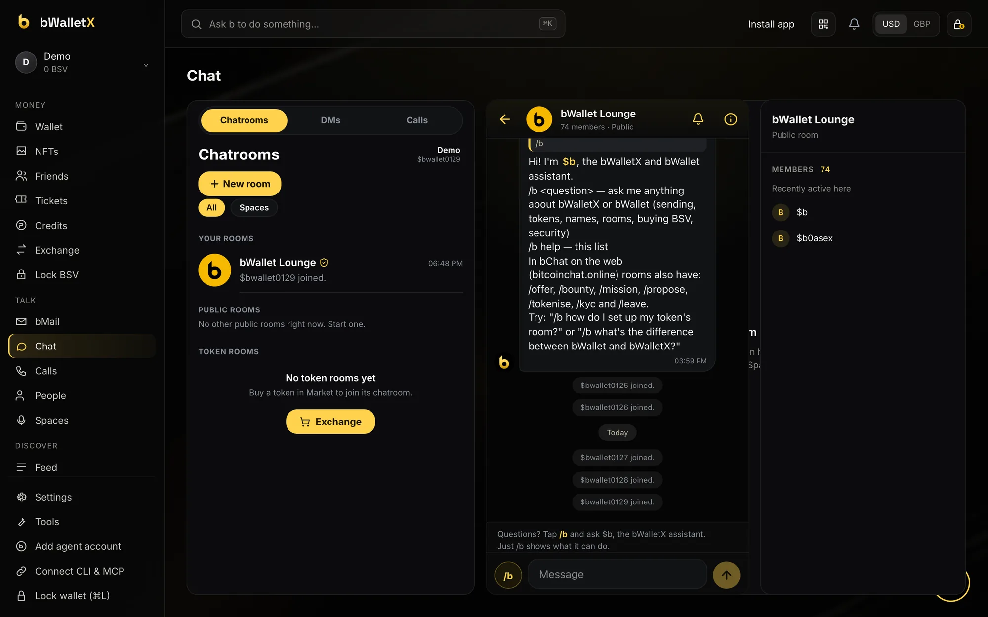 The bWallet Lounge chatroom open in bWalletX Desktop, with the room list and member list