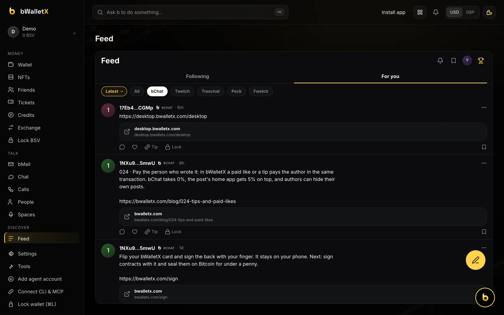 The Feed in bWalletX Desktop showing bChat posts with Tip and Lock buttons