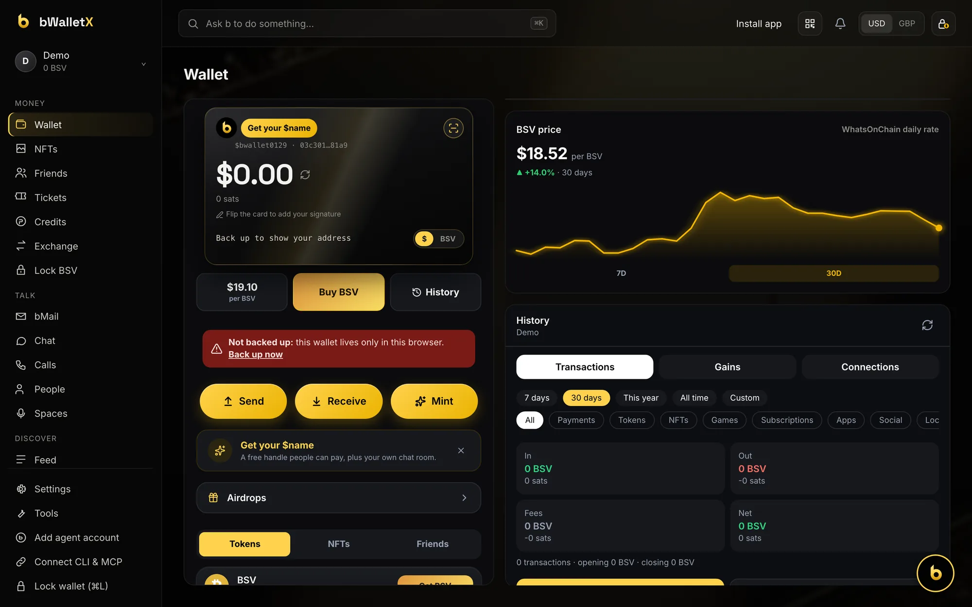 The Wallet screen in bWalletX Desktop: balance card, Send, Receive and Mint buttons, a BSV price chart and transaction history