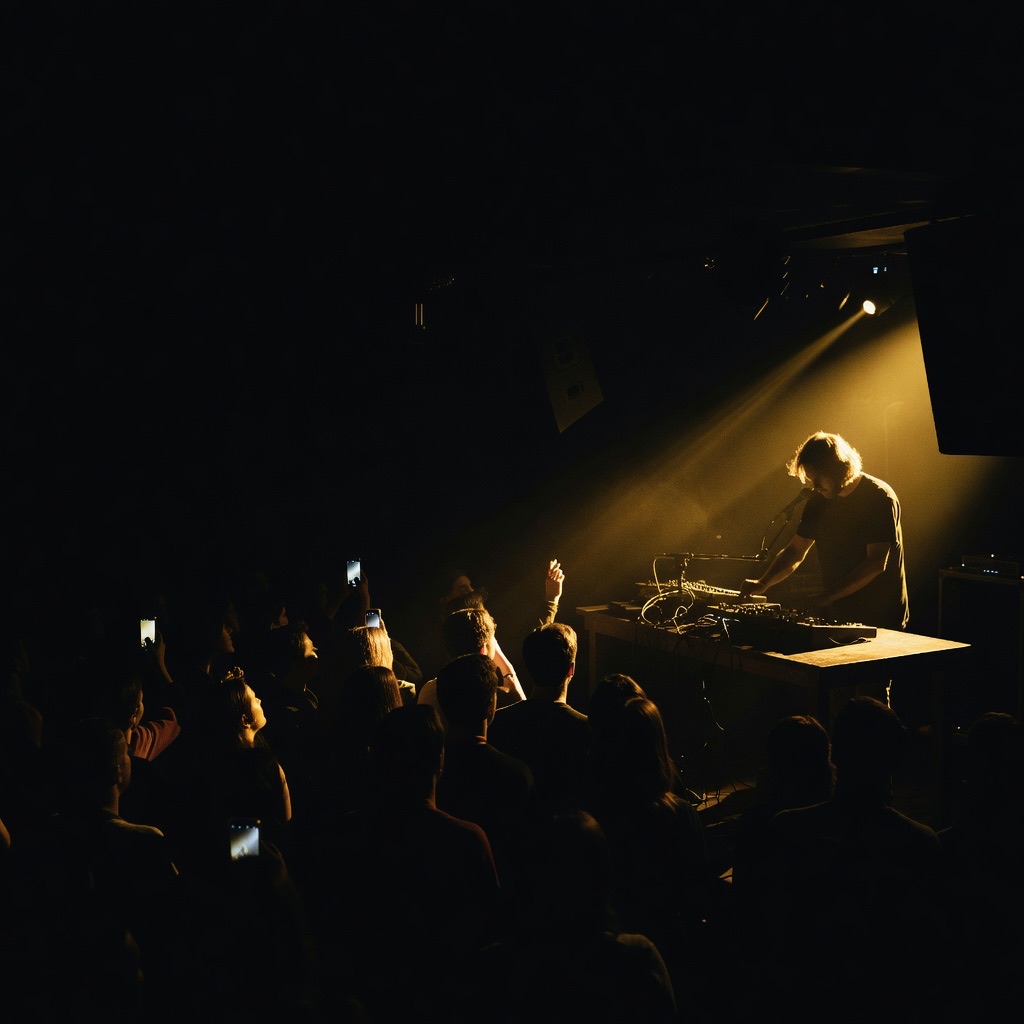 A solo artist on a small stage in warm gold light, the crowd's phones glowing