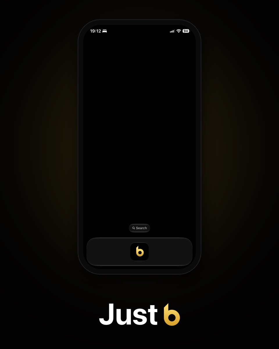 An iPhone with an empty black home screen and only the gold b app in the dock. Just b.