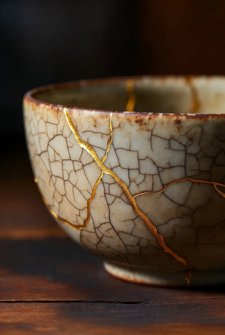 Close view of a cream crackle-glaze bowl with a gold repair running down its side.