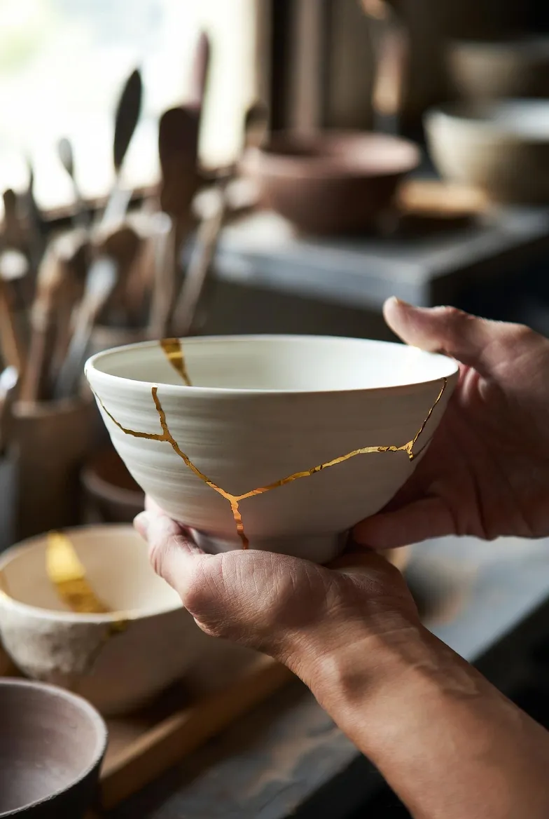 Hands holding a white bowl joined with gold, in a potter's workshop.