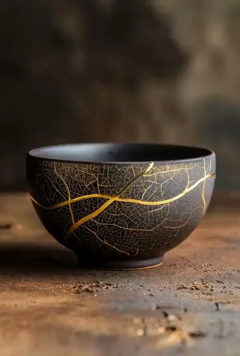 A dark bowl with fine gold lines across it like the veins of a leaf.