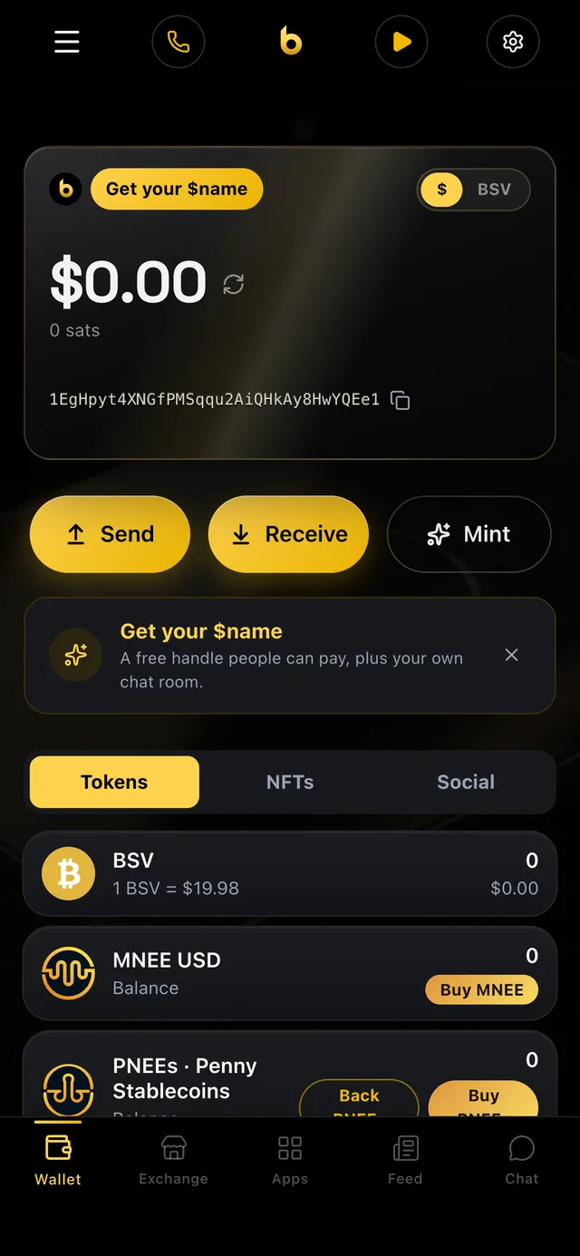 The bWalletX wallet home screen: balance in dollars, Send, Receive and Mint, and BSV, MNEE and PNEEs cards