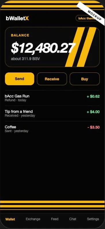 Mockup of bWalletX in the bAcc theme: black screen with yellow racing stripes and a large balance