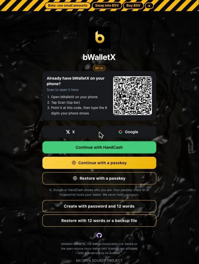 The bWalletX sign-in screen in a browser, with a QR code to open your phone wallet on the computer