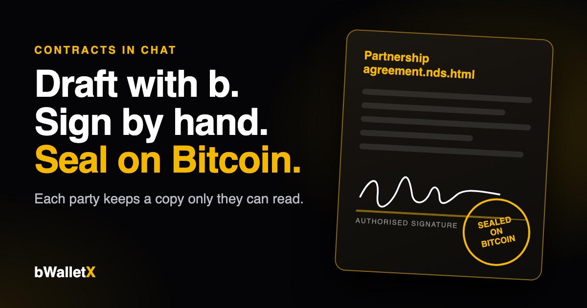 A gold contract card with a handwritten signature and a Sealed on Bitcoin stamp