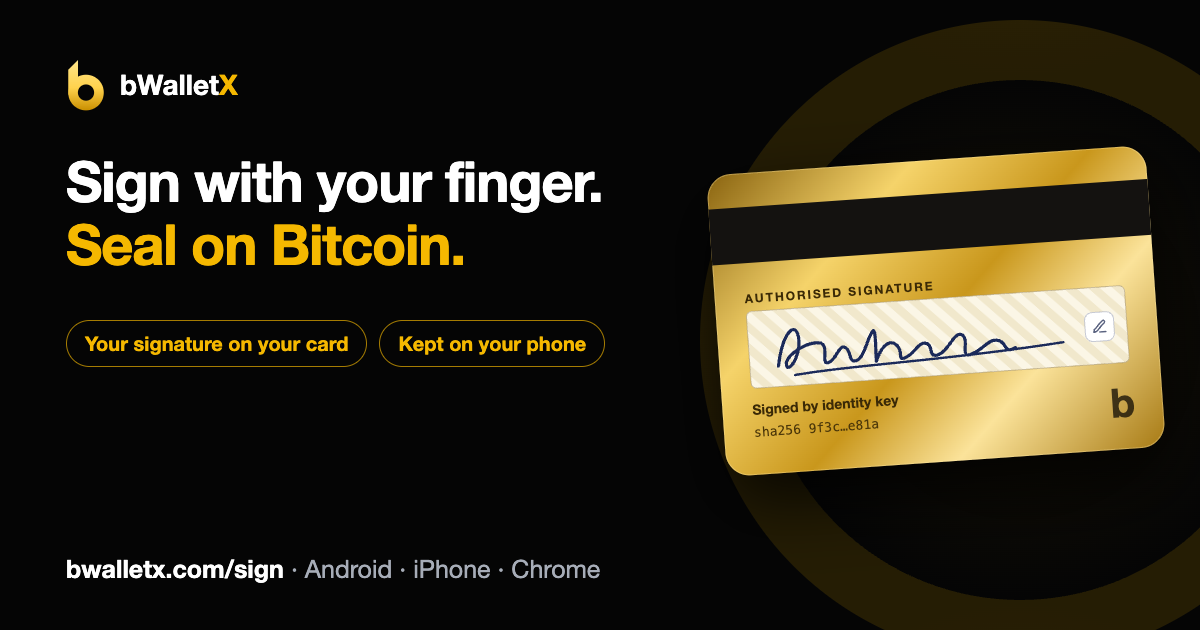 The back of a gold bWalletX card with a handwritten signature in the authorised signature strip