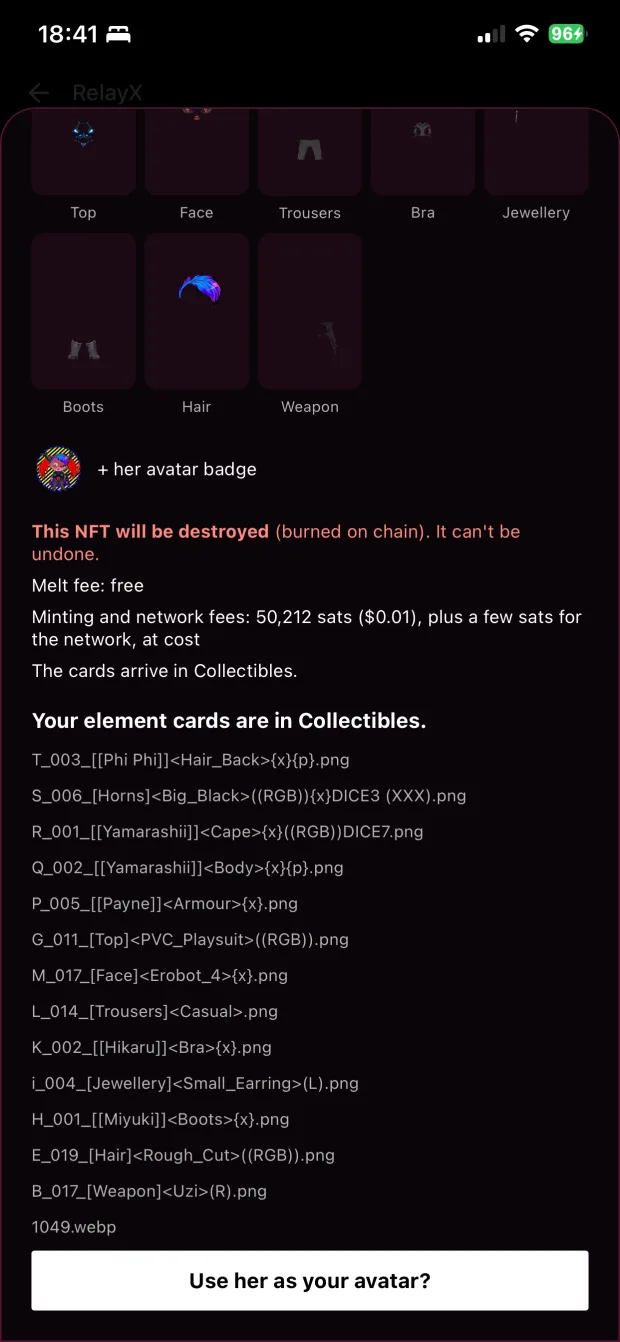 After the melt: the element cards minted as 1Sat Ordinals, with Use her as your avatar