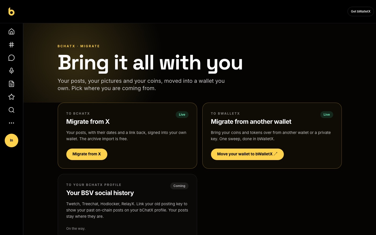 The bChatX migrate page with Migrate from X and Migrate from another wallet