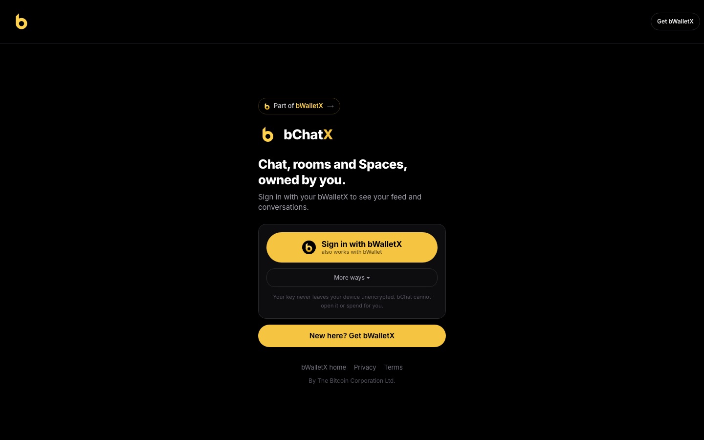 bChatX sign-in screen with a Sign in with bWalletX button