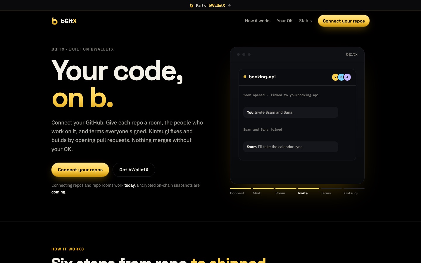 The bgitx.com home page: Your code, on b, with a repo room example
