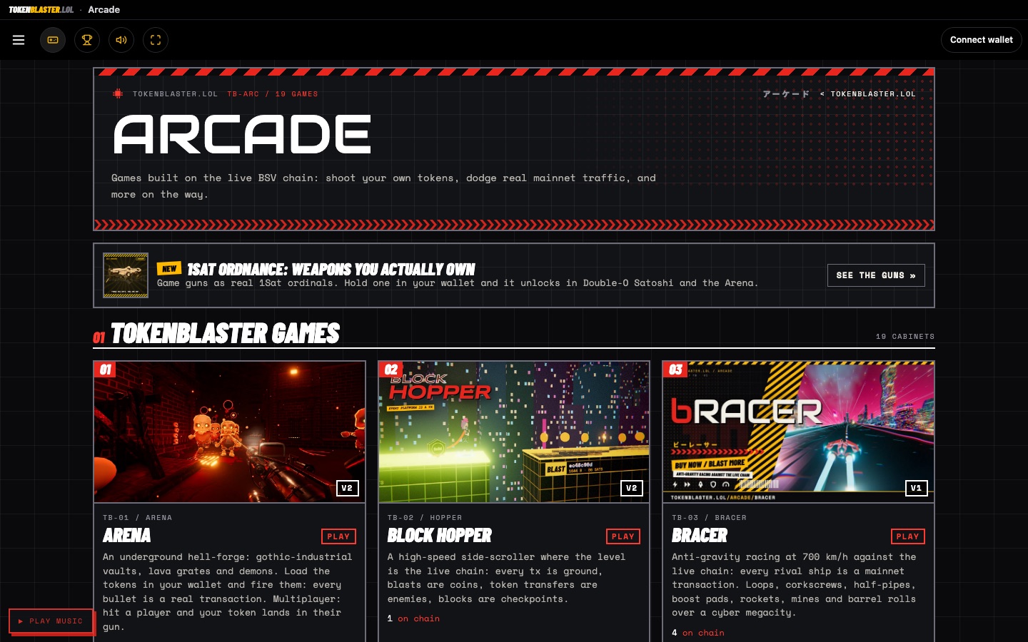 The tokenblaster.lol arcade page with Arena, Block Hopper and bRacer